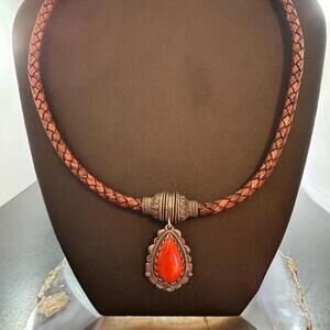 Carolyn Pollack Brown Braided Leather Necklace with Teardrop Red Jasper Pendant